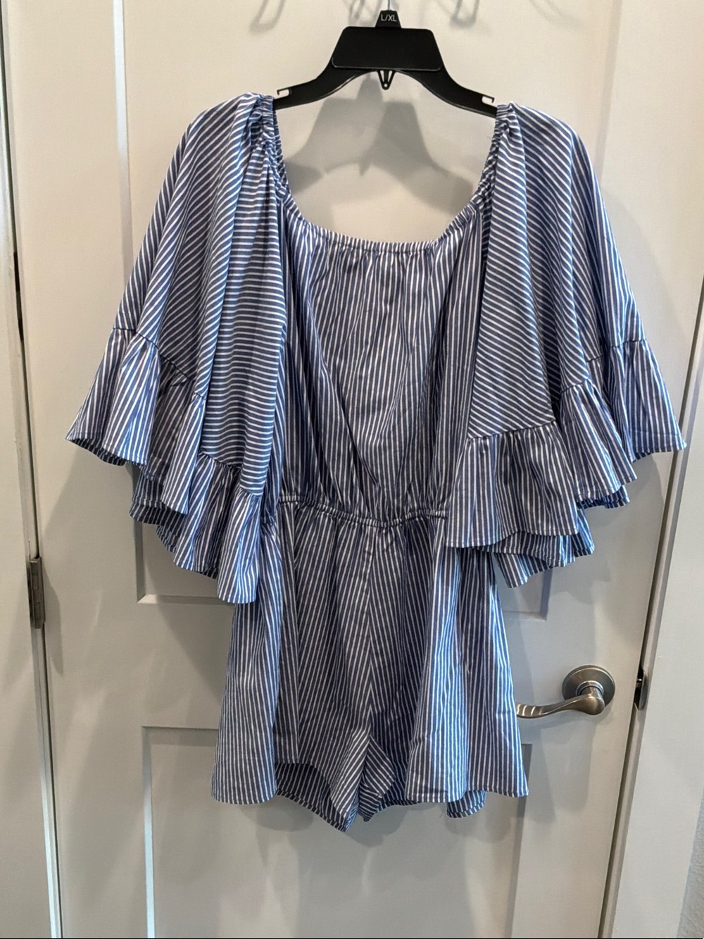 Willow Large Blue White Striped Ruffle-Sleeve Romper Stretch Waist